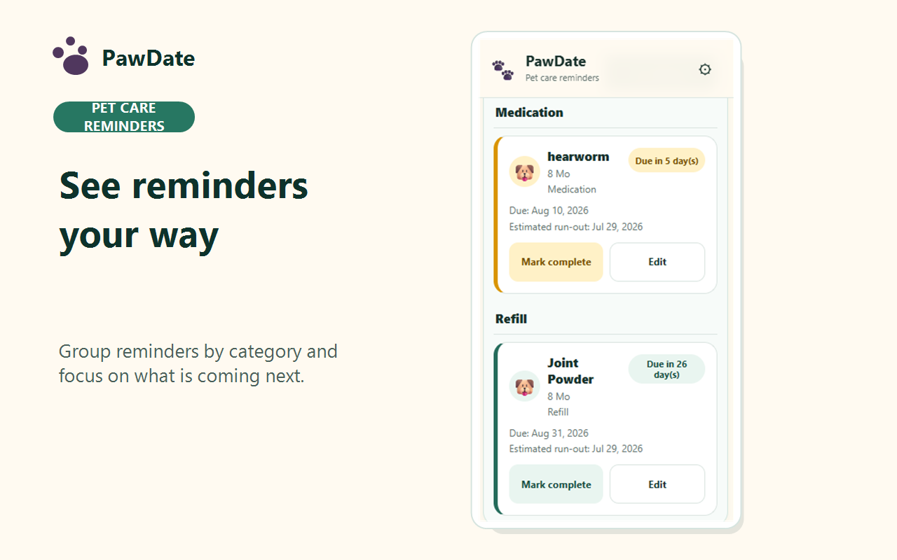 PawDate reminders grouped by category