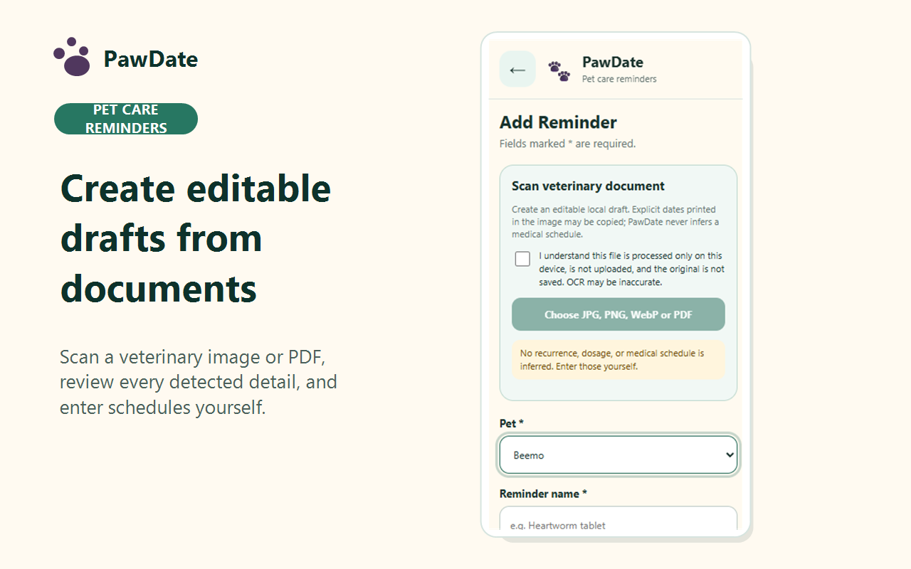 PawDate veterinary document scanning form