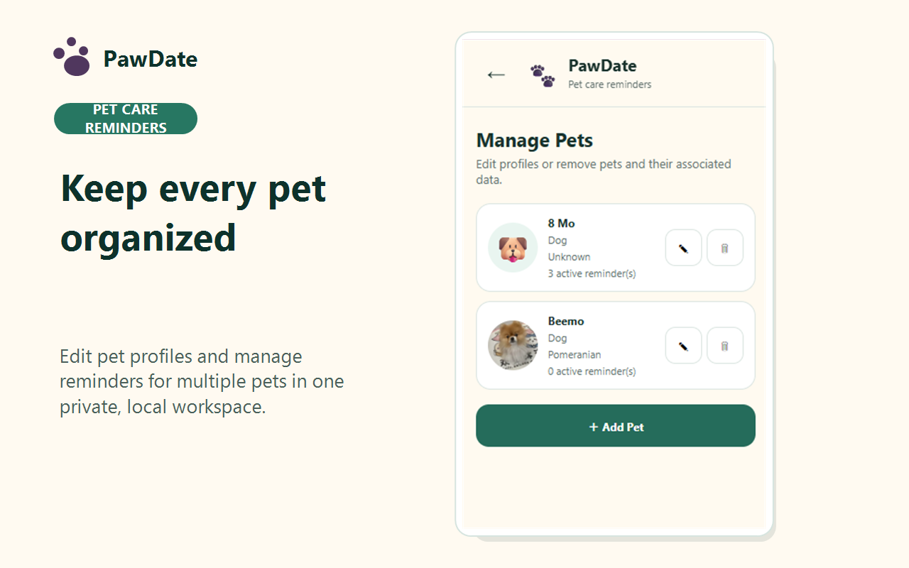 PawDate pet management screen