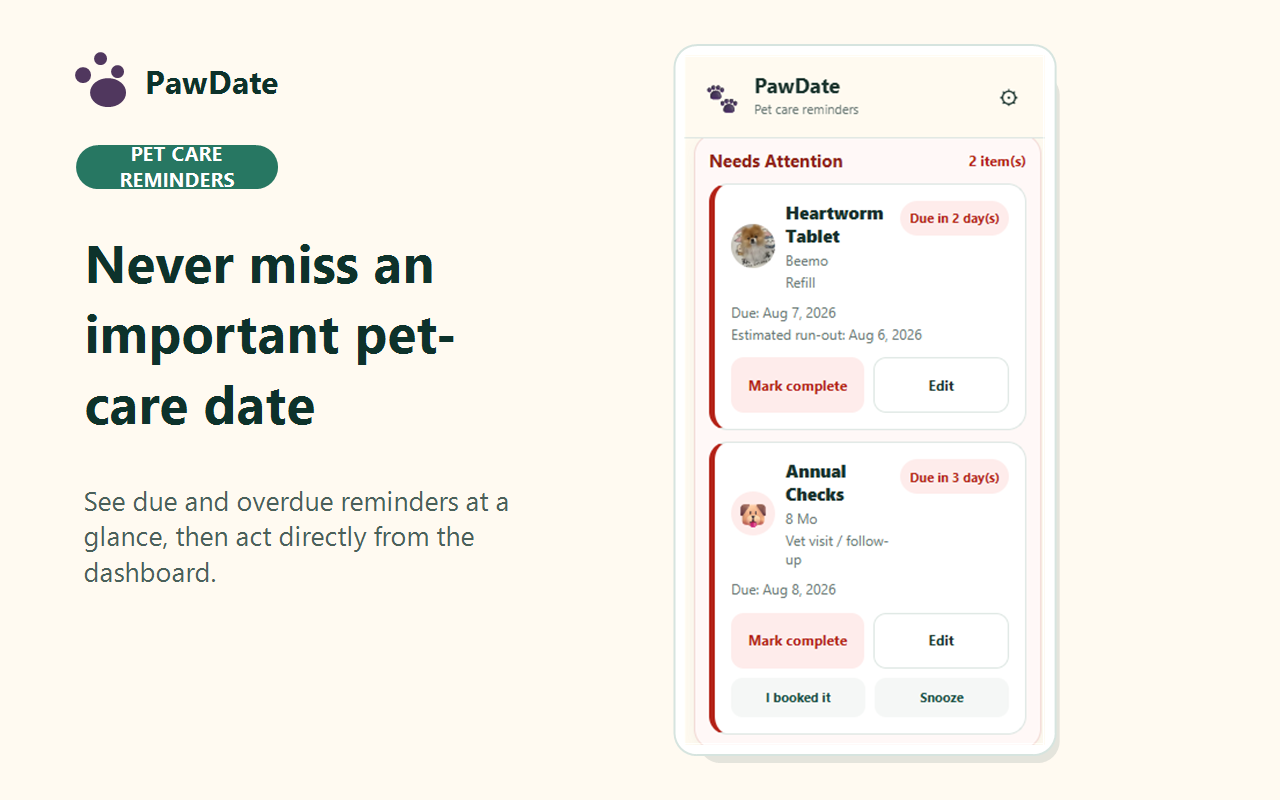 PawDate dashboard showing upcoming and overdue pet-care reminders